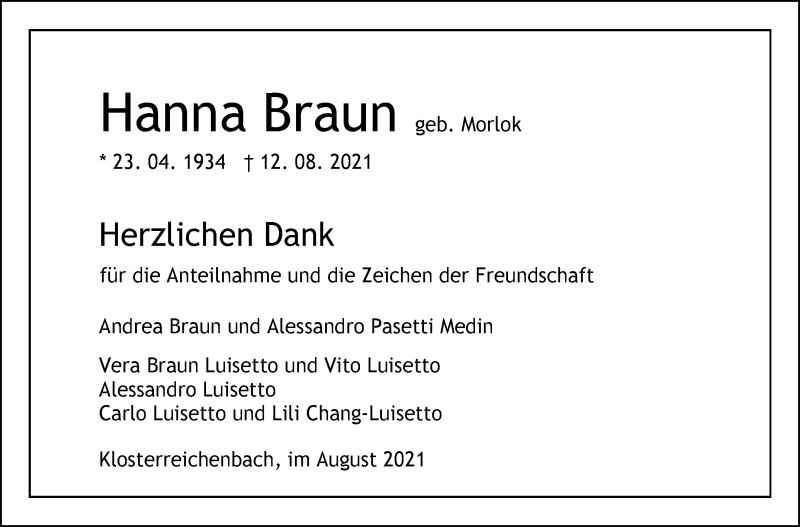  Traueranzeige für Hanna Braun vom 28.08.2021 aus Stuttgarter Zeitung / Stuttgarter Nachrichten