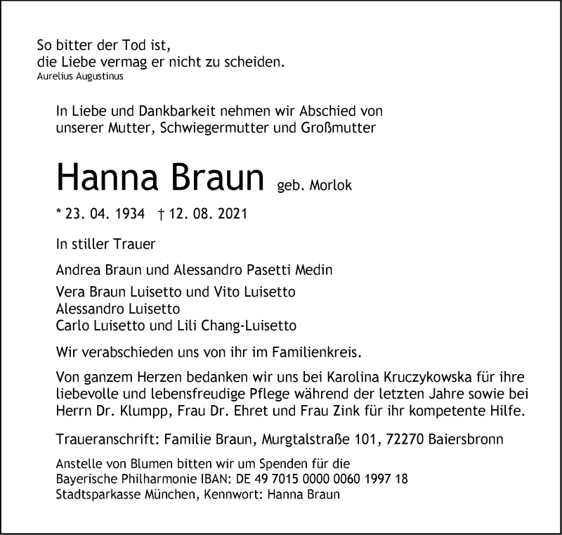  Traueranzeige für Hanna Braun vom 14.08.2021 aus Stuttgarter Zeitung / Stuttgarter Nachrichten