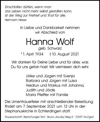 Traueranzeige von Hanna Wolf von Stuttgarter Zeitung / Stuttgarter Nachrichten
