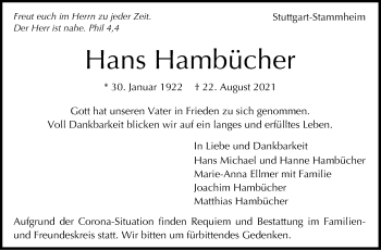Traueranzeige von Hans Hambücher von Stuttgarter Zeitung / Stuttgarter Nachrichten
