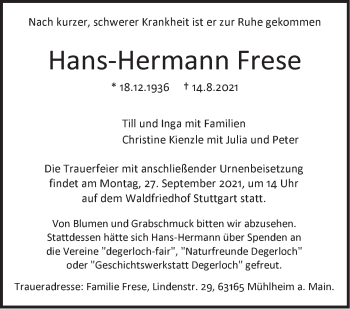 Traueranzeige von Hans-Hermann Frese von Stuttgarter Zeitung / Stuttgarter Nachrichten