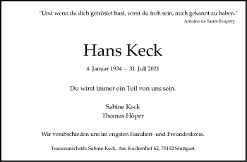 Traueranzeige von Hans Keck von Stuttgarter Zeitung / Stuttgarter Nachrichten