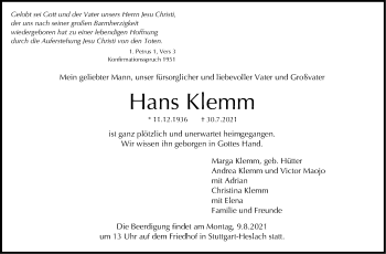 Traueranzeige von Hans Klemm von Stuttgarter Zeitung / Stuttgarter Nachrichten