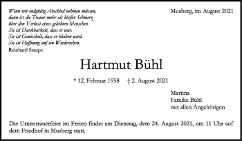 Traueranzeige von Hartmut Bühl von Stuttgarter Zeitung / Stuttgarter Nachrichten