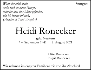 Traueranzeige von Heidi Ronecker von Stuttgarter Zeitung / Stuttgarter Nachrichten