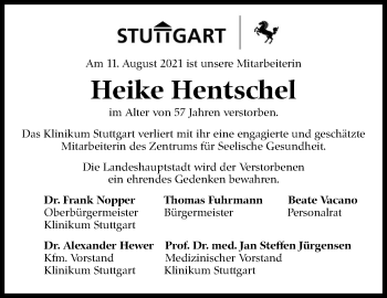 Traueranzeige von Heike Hentschel von Stuttgarter Zeitung / Stuttgarter Nachrichten