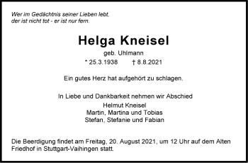 Traueranzeige von Helga Kneisel von Stuttgarter Zeitung / Stuttgarter Nachrichten