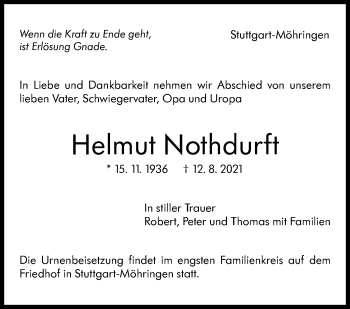 Traueranzeige von Helmut Nothdurft von Stuttgarter Zeitung / Stuttgarter Nachrichten