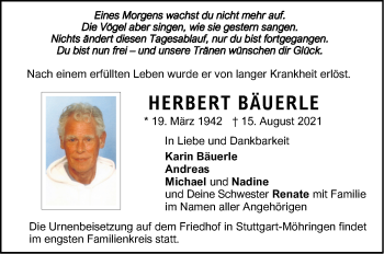 Traueranzeige von Herbert Bäuerle von Stuttgarter Zeitung / Stuttgarter Nachrichten