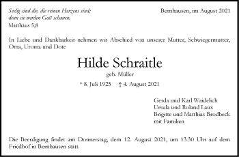 Traueranzeige von Hilde Schraitle von Stuttgarter Zeitung / Stuttgarter Nachrichten