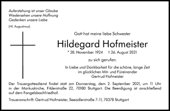 Traueranzeige von Hildegard Hofmeister von Stuttgarter Zeitung / Stuttgarter Nachrichten