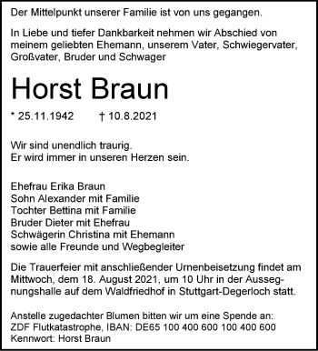 Traueranzeige von Horst Braun von Stuttgarter Zeitung / Stuttgarter Nachrichten