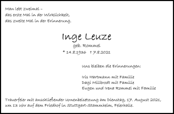Traueranzeige von Inge Leuze von Stuttgarter Zeitung / Stuttgarter Nachrichten