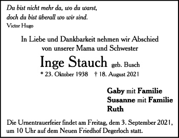 Traueranzeige von Inge Stauch von Stuttgarter Zeitung / Stuttgarter Nachrichten