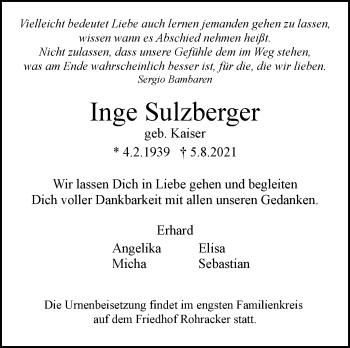 Traueranzeige von Inge Sulzberger von Stuttgarter Zeitung / Stuttgarter Nachrichten