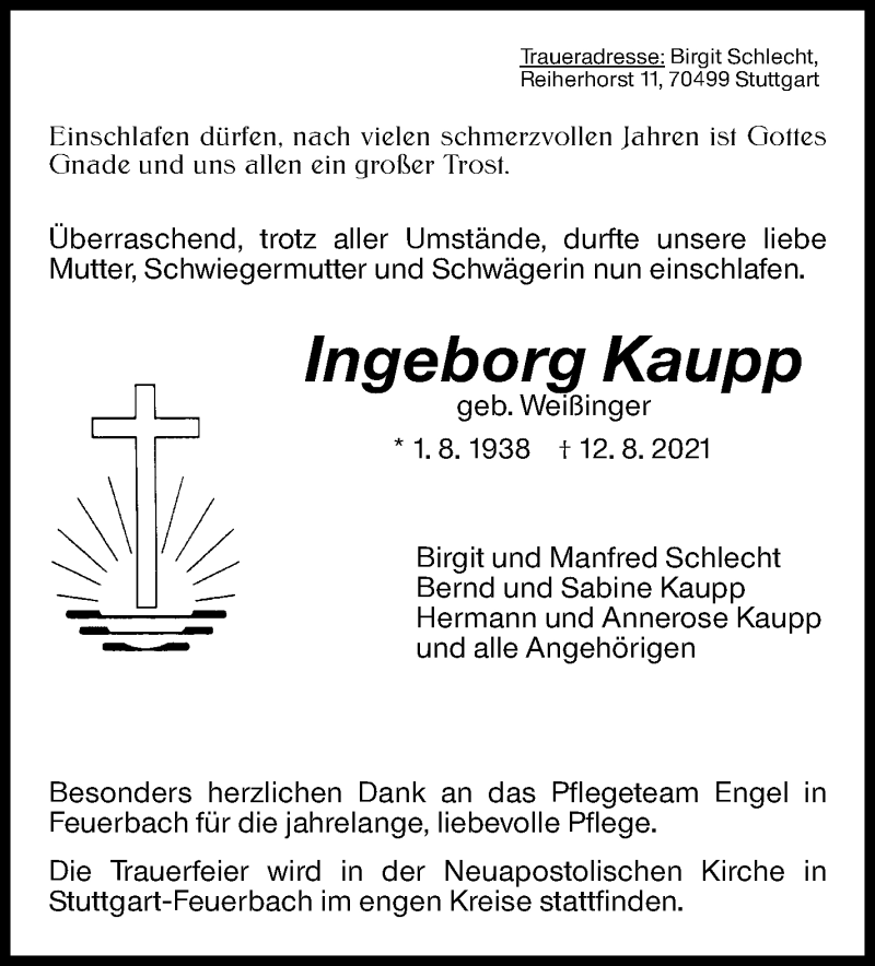  Traueranzeige für Ingeborg Kaupp vom 17.08.2021 aus Stuttgarter Zeitung / Stuttgarter Nachrichten