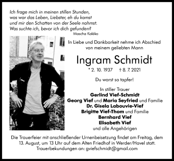 Traueranzeige von Ingram Schmidt von Stuttgarter Zeitung / Stuttgarter Nachrichten