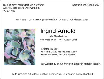 Traueranzeige von Ingrid Arnold von Stuttgarter Zeitung / Stuttgarter Nachrichten