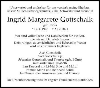 Traueranzeige von Ingrid Margarete Gottschalk von Stuttgarter Zeitung / Stuttgarter Nachrichten