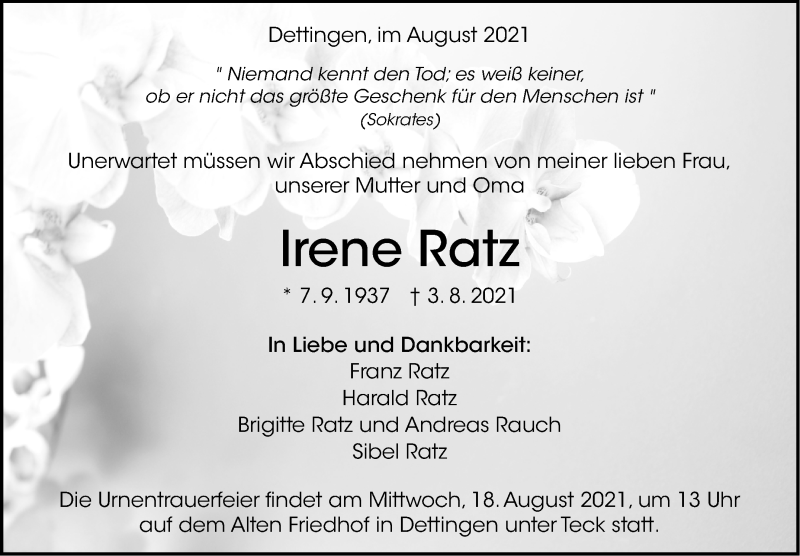  Traueranzeige für Irene Ratz vom 14.08.2021 aus Stuttgarter Zeitung / Stuttgarter Nachrichten