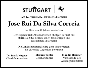 Traueranzeige von Jose Rui Da Silva Correia von Stuttgarter Zeitung / Stuttgarter Nachrichten