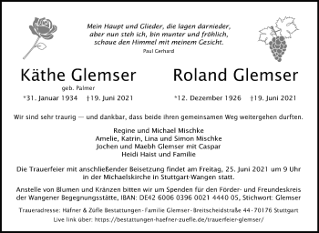 Traueranzeige von Käthe Glemser von Stuttgarter Zeitung / Stuttgarter Nachrichten