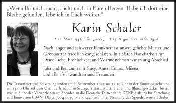 Traueranzeige von Karin Schuler von Stuttgarter Zeitung / Stuttgarter Nachrichten