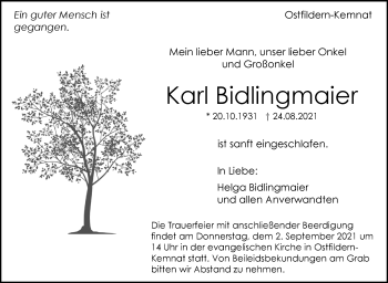 Traueranzeige von Karl Bidlingmaier von Stuttgarter Zeitung / Stuttgarter Nachrichten