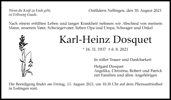 Traueranzeige von Karl-Heinz Dosquet von Stuttgarter Zeitung / Stuttgarter Nachrichten