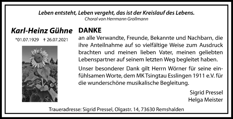  Traueranzeige für Karl-Heinz Gühne vom 06.08.2021 aus Stuttgarter Zeitung / Stuttgarter Nachrichten
