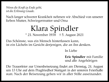 Traueranzeige von Klara Spindler von Stuttgarter Zeitung / Stuttgarter Nachrichten