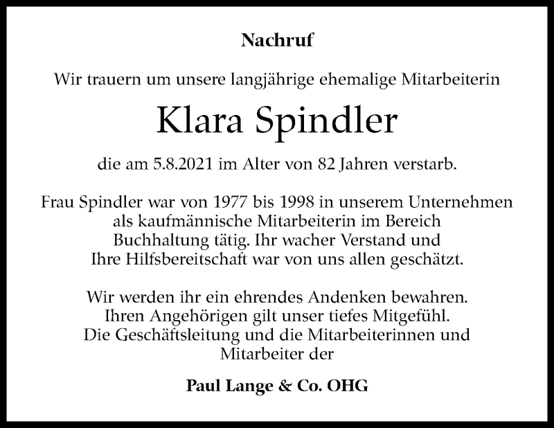  Traueranzeige für Klara Spindler vom 28.08.2021 aus Stuttgarter Zeitung / Stuttgarter Nachrichten