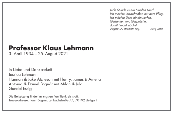 Traueranzeige von Klaus Lehmann von Stuttgarter Zeitung / Stuttgarter Nachrichten