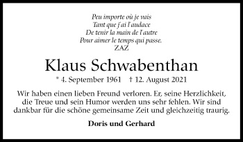 Traueranzeige von Klaus Schwabenthan von Stuttgarter Zeitung / Stuttgarter Nachrichten