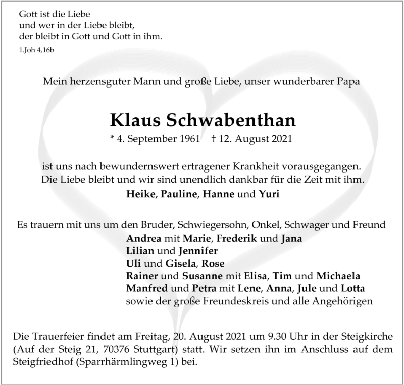  Traueranzeige für Klaus Schwabenthan vom 14.08.2021 aus Stuttgarter Zeitung / Stuttgarter Nachrichten