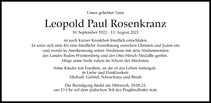  Traueranzeige für Leopold Paul Rosenkranz vom 17.08.2021 aus Stuttgarter Zeitung / Stuttgarter Nachrichten