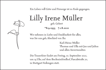 Traueranzeige von Lilly-Irene Müller von Stuttgarter Zeitung / Stuttgarter Nachrichten