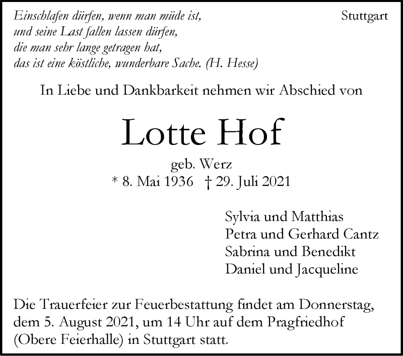  Traueranzeige für Lotte Hof vom 03.08.2021 aus Stuttgarter Zeitung / Stuttgarter Nachrichten