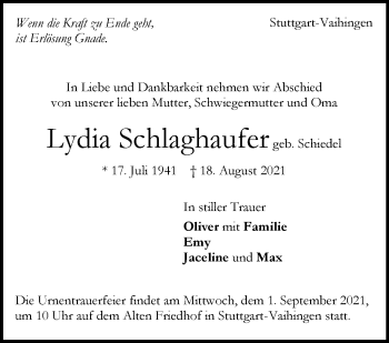 Traueranzeige von Lydia Schlaghaufer von Stuttgarter Zeitung / Stuttgarter Nachrichten