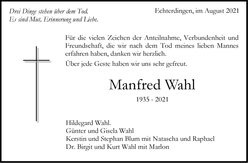  Traueranzeige für Manfred Wahl vom 07.08.2021 aus Stuttgarter Zeitung / Stuttgarter Nachrichten