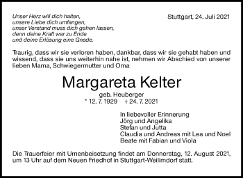 Traueranzeige von Margareta Kelter von Stuttgarter Zeitung / Stuttgarter Nachrichten