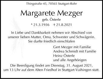 Traueranzeige von Margarete Mezger von Stuttgarter Zeitung / Stuttgarter Nachrichten