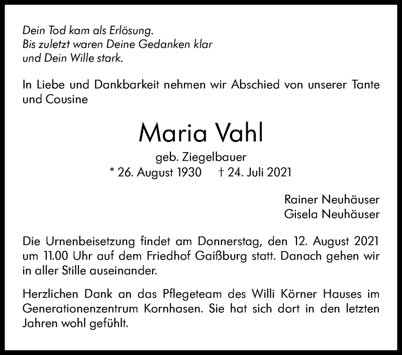  Traueranzeige für Maria Vahl vom 10.08.2021 aus Stuttgarter Zeitung / Stuttgarter Nachrichten