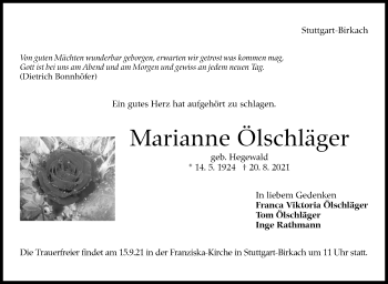 Traueranzeige von Marianne Ölschläger von Stuttgarter Zeitung / Stuttgarter Nachrichten