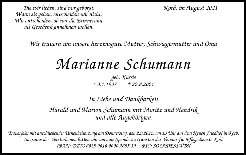  Traueranzeige für Marianne Schumann vom 28.08.2021 aus Stuttgarter Zeitung / Stuttgarter Nachrichten
