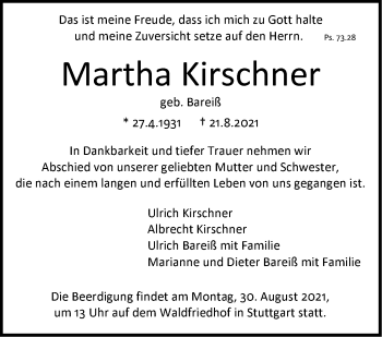 Traueranzeige von Martha Kirschner von Stuttgarter Zeitung / Stuttgarter Nachrichten