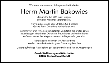 Traueranzeige von Martin Bakowies von Stuttgarter Zeitung / Stuttgarter Nachrichten