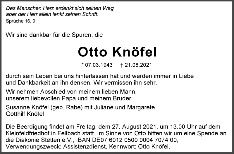  Traueranzeige für Otto Knöfel vom 24.08.2021 aus Stuttgarter Zeitung / Stuttgarter Nachrichten