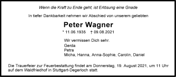 Traueranzeige von Peter Wagner von Stuttgarter Zeitung / Stuttgarter Nachrichten