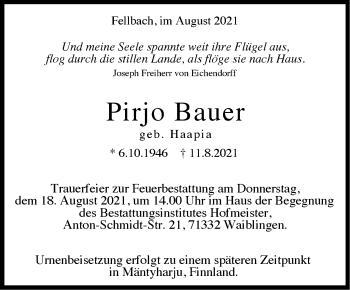 Traueranzeige von Pirjo Bauer von Stuttgarter Zeitung / Stuttgarter Nachrichten